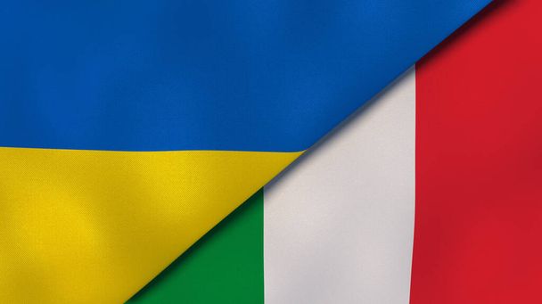 Two states flags of Ukraine and Italy. High quality business background. 3d illustration - Foto, afbeelding
