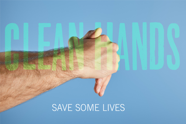 обрезанный вид человека, моющего руки изолированы на синих, чистых руках иллюстрации
 - Фото, изображение