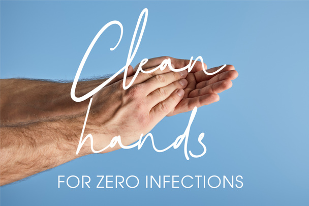 levágott kilátás az ember mossa kezét elszigetelt kék, tiszta kezet nulla fertőzések illusztráció - Fotó, kép