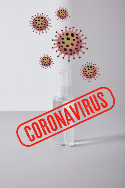 hand sanitizer in spray bottle on white background, coronavirus illustration - Foto, Imagen