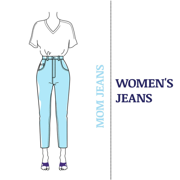 Tipos de corte popular para Jeans azuis das mulheres, estilo Jeans Mom. Ilustração vetorial sobre fundo branco
.  - Vetor, Imagem