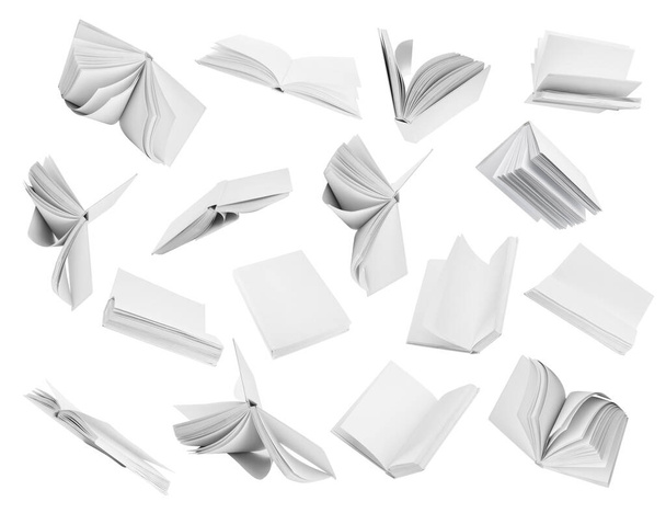 Many hardcover books flying on white background - Foto, Imagen