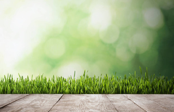 Wooden surface and green grass against blurred background. Spring time - Photo, Image