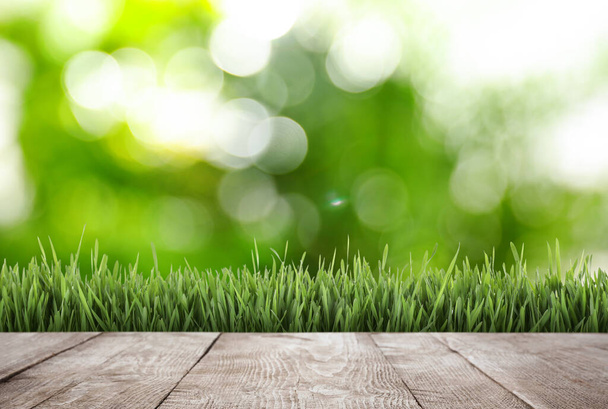 Surface en bois et herbe verte sur fond flou. Printemps
 - Photo, image