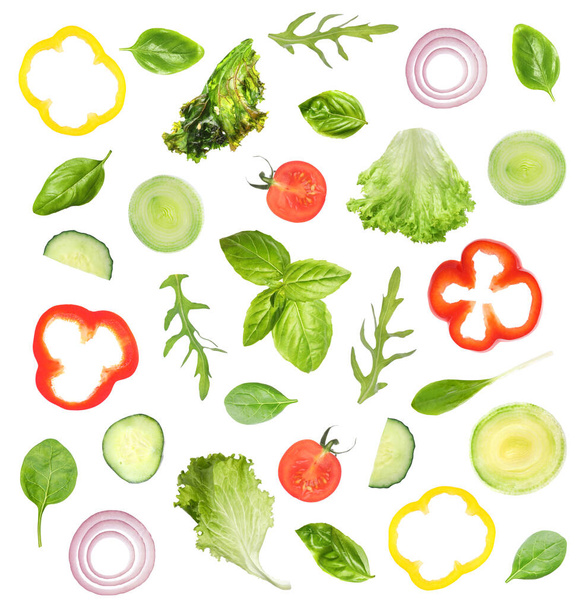 Set of different vegetables and herbs on white background, top view. Fresh ingredients for salad - Fotoğraf, Görsel