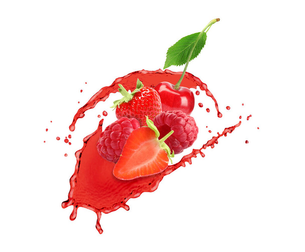 Delicious ripe berries and splashes of juice on white background - Фото, зображення