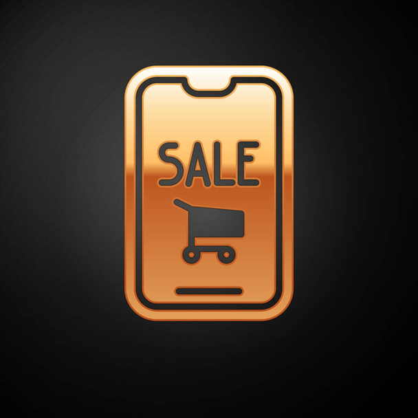 Gold Mobilní telefon a ikona nákupního košíku izolované na černém pozadí. Online nákupní symbol. Symbol supermarketu. Vektorová ilustrace - Vektor, obrázek