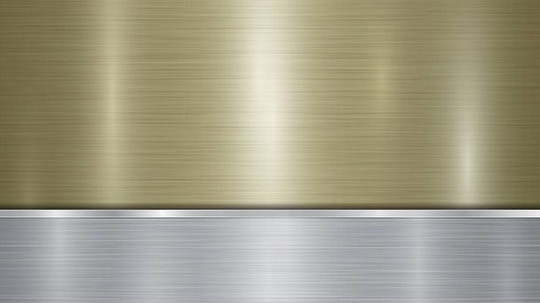 Achtergrond bestaande uit een gouden glanzend metalen oppervlak en een horizontale gepolijste zilveren plaat onderaan, met een metalen textuur, glaren en gepolijste randen - Vector, afbeelding