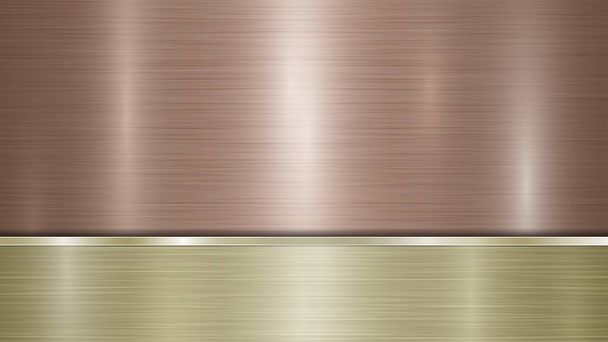 Hintergrund bestehend aus einer bronzeglänzenden metallischen Oberfläche und einer horizontalen polierten goldenen Platte, die sich unten befindet, mit einer Metallstruktur, grellen Farben und polierten Kanten - Vektor, Bild