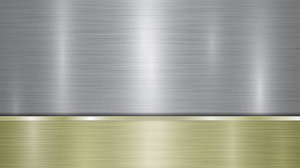 Hintergrund bestehend aus einer silbrig glänzenden metallischen Oberfläche und einer horizontalen polierten goldenen Platte, die sich unten befindet, mit metallischer Struktur, grellen Farben und polierten Kanten - Vektor, Bild