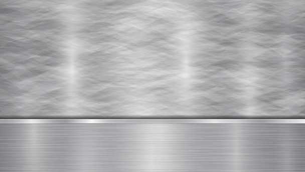 Tło w kolorach srebrnym i szarym, składające się z błyszczącej metalicznej powierzchni i jednej poziomej polerowanej płyty umieszczonej poniżej, o metalowej fakturze, szkle i pomalowanych krawędziach - Wektor, obraz