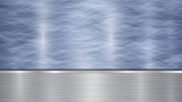 Tausta, joka koostuu sinisestä kiiltävästä metallisesta pinnasta ja yhdestä alapuolella olevasta vaakasuorasta kiillotetusta hopeilevystä, jossa on metallikoostumus, räikeät ja kiillotetut reunat
 - Vektori, kuva