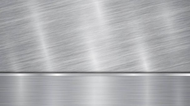 Fondo en color plata y gris, compuesto por una superficie metálica brillante y una placa pulida horizontal situada debajo, con textura metálica, reflejos y bordes bruñidos
 - Vector, Imagen