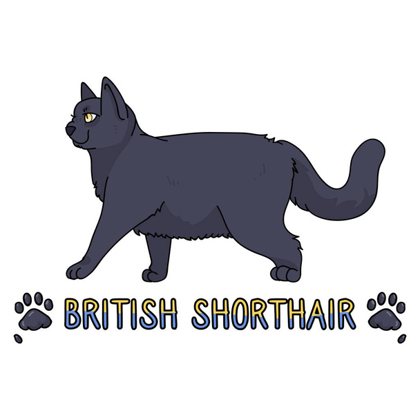Χαριτωμένο καρτούν βρετανική γάτα shorthair με κείμενο διάνυσμα κλιπ. Γενεαλογικό γατάκι φυλή για τους λάτρεις της γάτας. Καθαρόαιμο σπιτικό γατάκι για κατοικίδιο ζώο εικονογράφηση μασκότ. Απομονωμένο αιλουροειδές. EPS 10. - Διάνυσμα, εικόνα