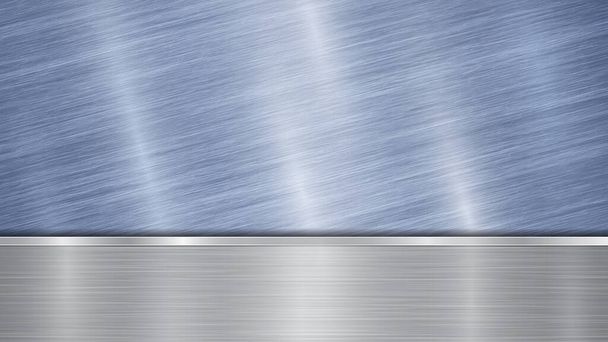 Hintergrund bestehend aus einer blau glänzenden metallischen Oberfläche und einer horizontalen polierten Silberplatte, die sich unten befindet, mit einer Metallstruktur, grellen Farben und polierten Kanten - Vektor, Bild