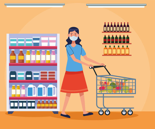 nainen ostoksilla supermarketissa kasvonaamio
 - Vektori, kuva