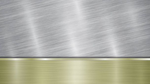 Hintergrund bestehend aus einer silbrig glänzenden metallischen Oberfläche und einer horizontalen polierten goldenen Platte, die sich unten befindet, mit metallischer Struktur, grellen Farben und polierten Kanten - Vektor, Bild