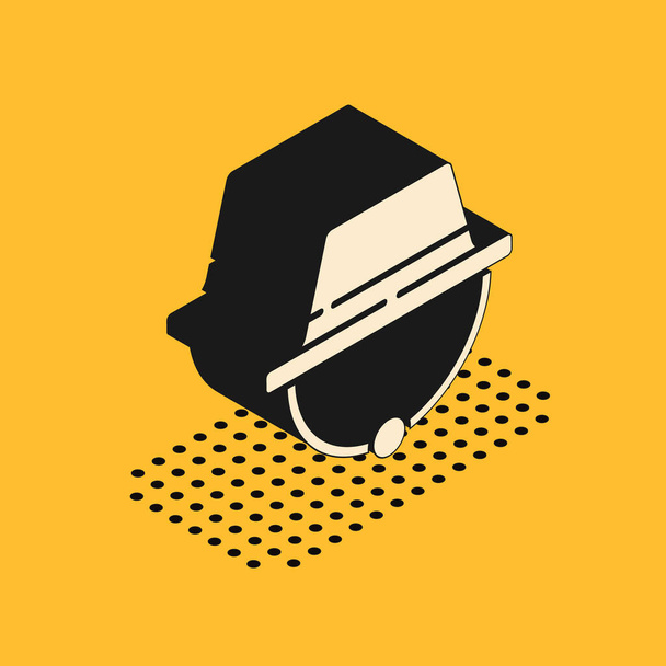 Isometrica icona del cappello da campeggio isolato su sfondo giallo. Cappello da spiaggia panama. Esplora i viaggiatori cappello per la caccia, escursioni, turismo. Illustrazione vettoriale
 - Vettoriali, immagini