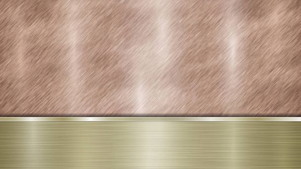Achtergrond bestaande uit een bronzen glanzend metallic oppervlak en een horizontale gepolijste gouden plaat gelegen onder, met een metalen textuur, glaren en gepolijste randen - Vector, afbeelding