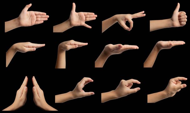 Ізольовані жести рук та сигнали від азіатської жіночої дитини, кілька варіантів. Включає в себе відсікання шляху. - Фото, зображення