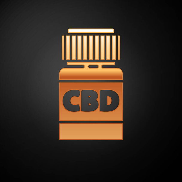 Medizinische Goldflasche mit Marihuana oder Cannabisblatt-Symbol auf schwarzem Hintergrund. Attrappe von Cannabisöl-Extrakten in Gläsern. Vektorillustration - Vektor, Bild
