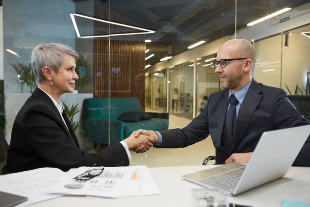 Side view portrait of two business partners shaking hands while sitting at meeting table in glass office interior, copy space - Foto, imagen