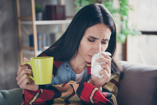 Photo of pretty suffering lady stay home quarantine covered checkered blanket hold paper napkin coronavirus infection drink medicine beverage sitting sofa living room indoors - Foto, Bild
