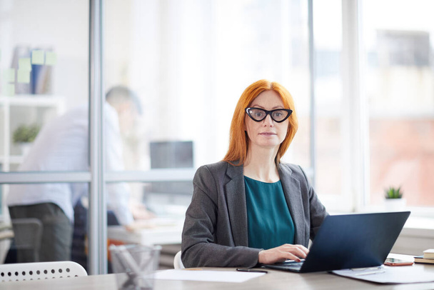 Portrait of adult red haired businesswoman looking at camera while using laptop at workplace in office, copy space - Photo, Image