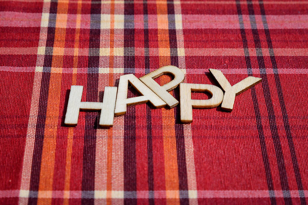 Happy word written with wooden letters on red textile material with colored stripes, top view, flat lay - Fotografie, Obrázek