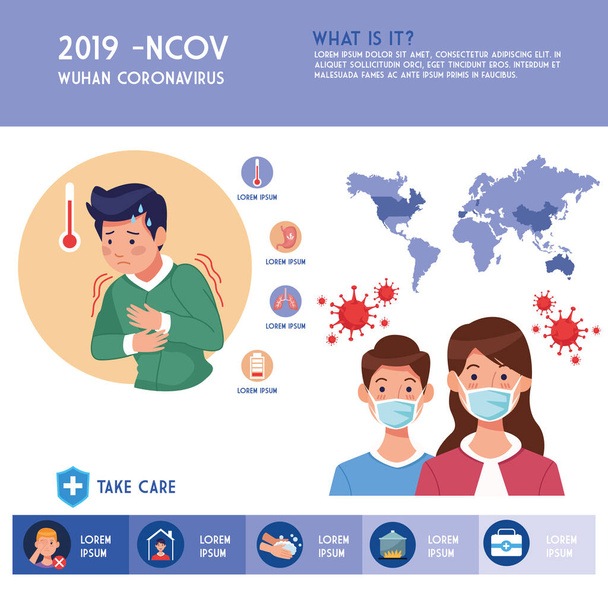 covid19 pandemische flyer met paar met gezichtsmaskers infographics - Vector, afbeelding