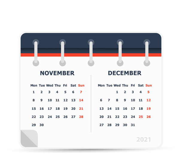 November Dezember 2021 - Kalendersymbol - Doppelkalender - Kalenderwoche - Montag. Vorlage für Kalenderdesign. - Vektor, Bild
