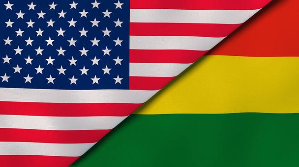 Dwie flagi Stanów Zjednoczonych i Boliwii. Wysokiej jakości doświadczenie biznesowe. Ilustracja 3D - Zdjęcie, obraz