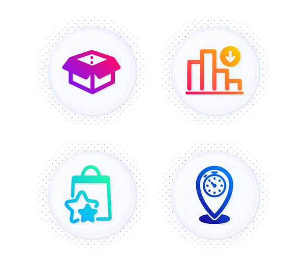 Decreasing graph, Loyalty points and Open box icons simple set. Button with halftone dots. Timer sign. Crisis chart, Bonus bags, Delivery package. Location pointer. Business set. Vector - Vector, Image
