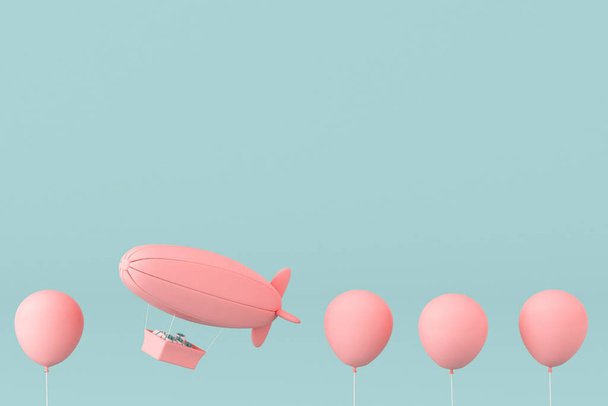 minimaal concept van ballonnen en luchtschip met aanwezig in de mand op pastelachtergrond. 3D-weergave. - Foto, afbeelding