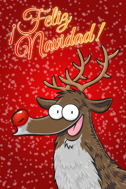!Feliz Navidad! Funny Rudolph, the reindeer postcard. Red with golden stars. (Spanish) - Photo, Image