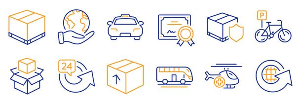 Set van Transport pictogrammen, zoals Taxi, Levering verzekering. Certificaat, red de planeet. Bus tour, medische helikopter, verpakking dozen. Fietsenstalling, Wereldbol, Leveringsdoos. Vector - Vector, afbeelding