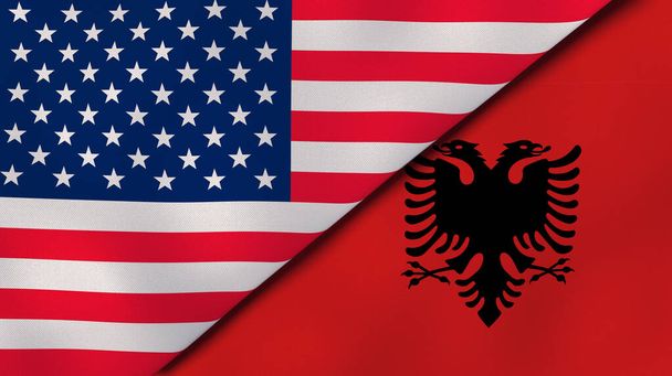 Dvě vlajky Spojených států a Albánie. Vysoce kvalitní obchodní zázemí. 3D ilustrace - Fotografie, Obrázek