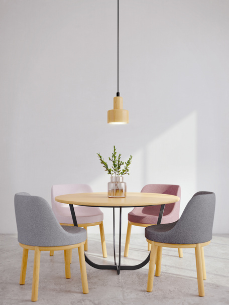 Moderne eetkamer interieur minimale stijl.Stoelen, tafel, glazen vaas en plafond lamp met zonlicht op witte muur achtergrond.3d rendering - Foto, afbeelding
