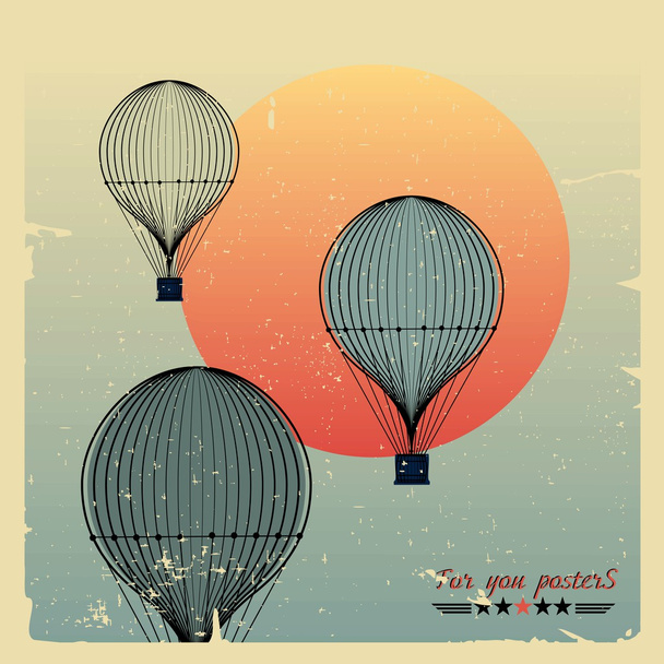 Vintage gorące powietrze balony lot przed słońcem wieczorem - Wektor, obraz