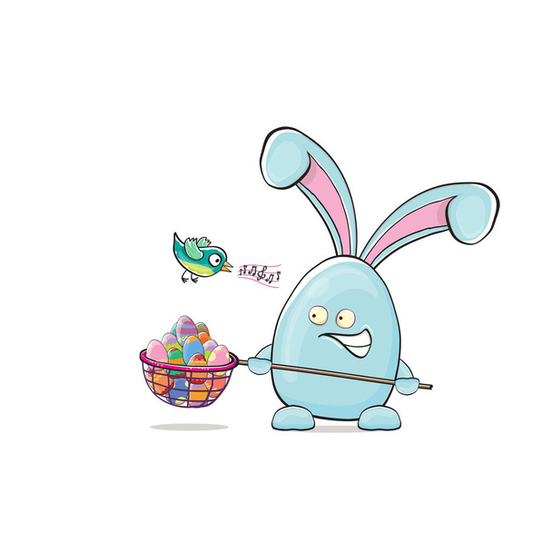 Cartoon funny cartoon blue easter bunny holding butterfly net full of colorful easter eggs inside isolated on white background. Easter hand drawn blue cute rabbit sticker or label - Vector, Image
