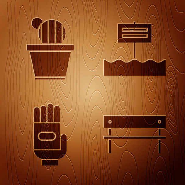Σετ Πάγκος, Κάκτος και χυμώδης σε γλάστρα, γάντια κήπου και λευκή ξύλινη πινακίδα σε ξύλινο φόντο. Διάνυσμα - Διάνυσμα, εικόνα