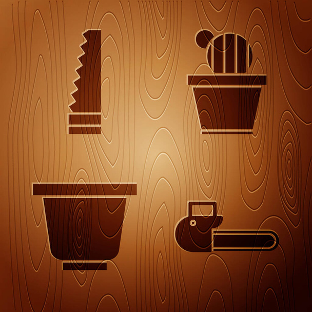 Set motosierra, sierra de jardín, maceta y cactus y suculenta en maceta sobre fondo de madera. Vector
 - Vector, Imagen
