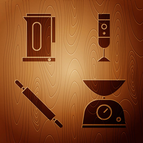 Σετ Ζυγαριά, Βραστήρας με λαβή, Τροχαίο pin και Blender σε ξύλινο φόντο. Διάνυσμα - Διάνυσμα, εικόνα