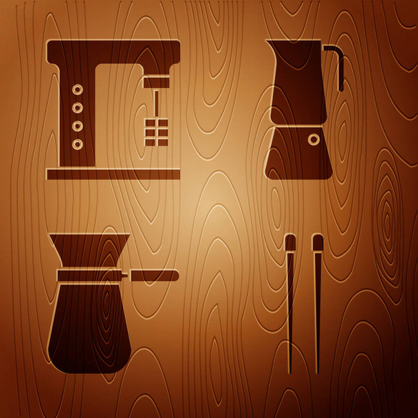 Σετ chopsticks τροφίμων, ηλεκτρικό μίξερ, καφέ turk και Moka κατσαρόλα σε ξύλινο φόντο. Διάνυσμα - Διάνυσμα, εικόνα
