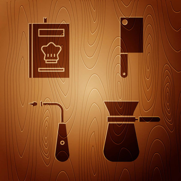 Set Café turco, Cookbook, Encendedor eléctrico largo y Picador de carne sobre fondo de madera. Vector
 - Vector, imagen