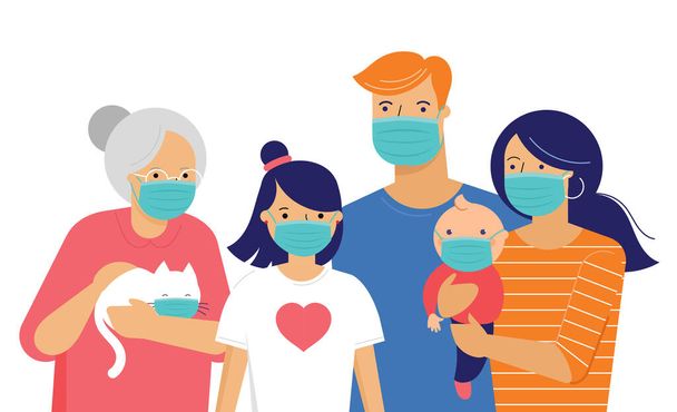 Famiglia, madre, padre, bambino e una ragazza con maschere mediche durante Coronavirus. Il concetto Covid-19. Autoisolamento, quarantena. Illustrazione in stile piatto vettoriale
 - Vettoriali, immagini