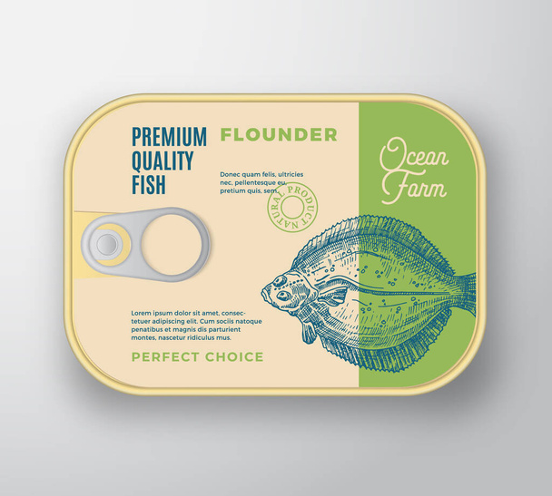 Abstract Vector Flat Fish Aluminium Container with Label Cover. Retro Premium Canned Packaging Design. Modern Typography and Hand Drawn Flounder Silhouette Background Layout. - Vektör, Görsel