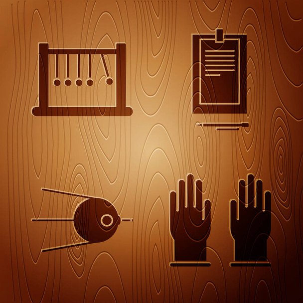 Nastavte gumové rukavice, Pendulum, Satellite a Clipboard s dokumentem na dřevěném pozadí. Vektor - Vektor, obrázek
