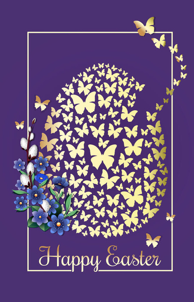Happy Easter. Greeting card with an Easter egg consisting of golden butterflies. Vector illustration - Vector, imagen