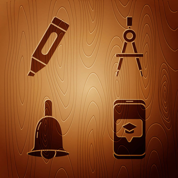 Definir a tampa de graduação no smartphone tela, caneta marcador, campainha e bússola de desenho no fundo de madeira. Vetor
 - Vetor, Imagem